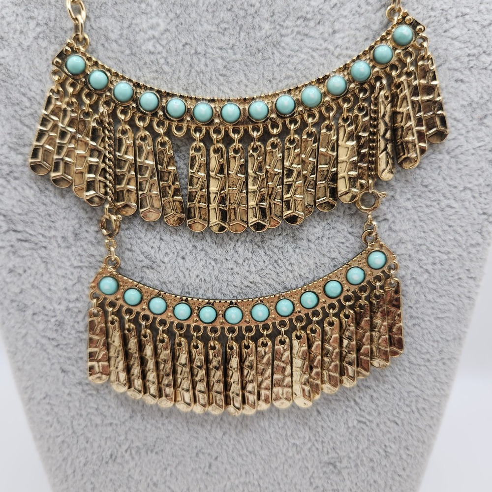 Boho Southwest Necklace Gold tone Turquoise Tiered Fringe 16in Cowgirl Summer